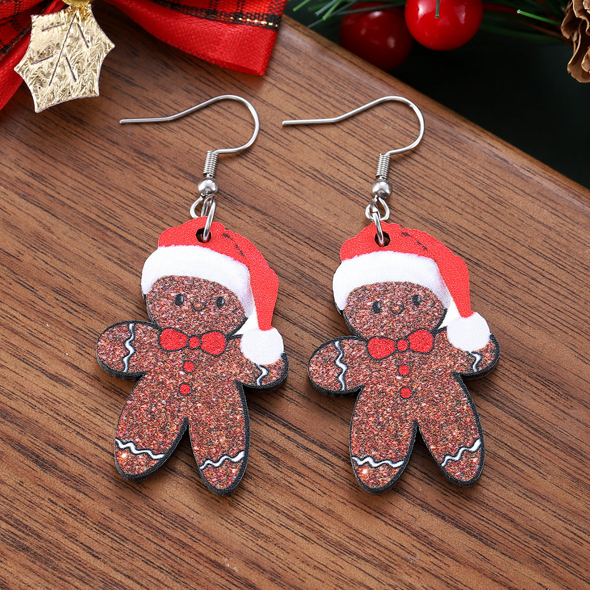Wholesale Christmas hat gingerbread man wooden double-sided earrings